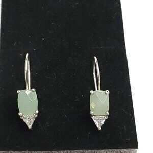 Sterling Silver Green Stone CZ Earrings Faceted Oblong Triangle Jade? RJ 925